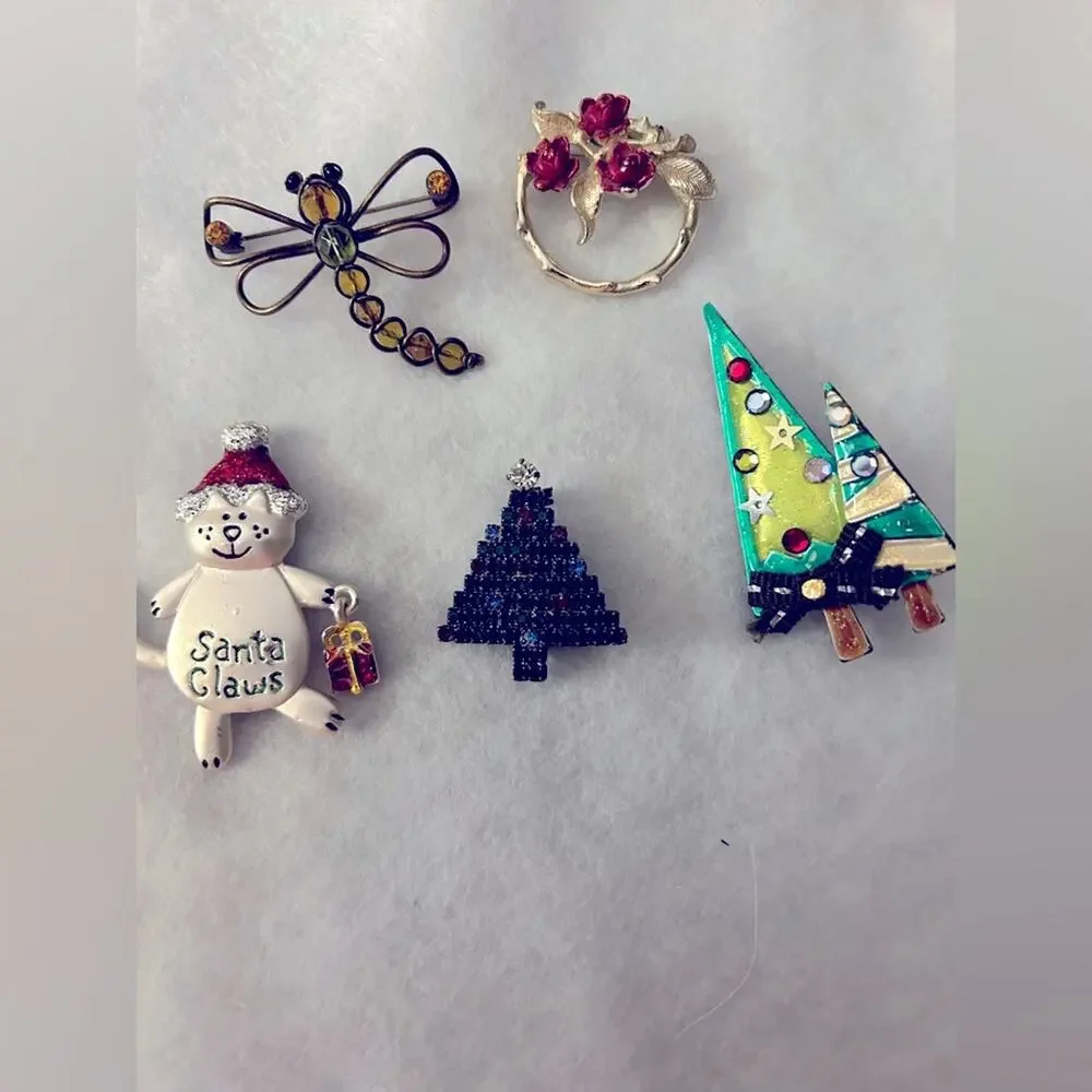 Colorful Vintage Brooches/Pins Lot of 5, 4 Christmas ones & a dragonfly